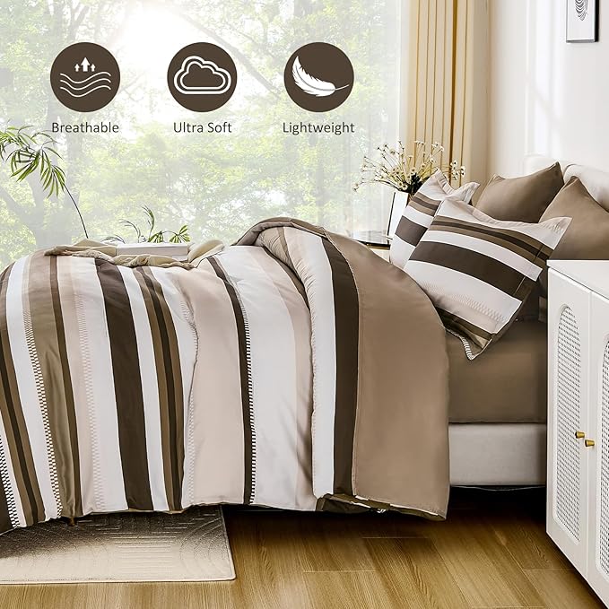 WONGS BEDDING King Size Comforter 7 Pieces, Brown King Comforter Set with Sheets, Striped Bed in a Bag Boho Lightweight Bedding Set for All Seaon (104"×90")