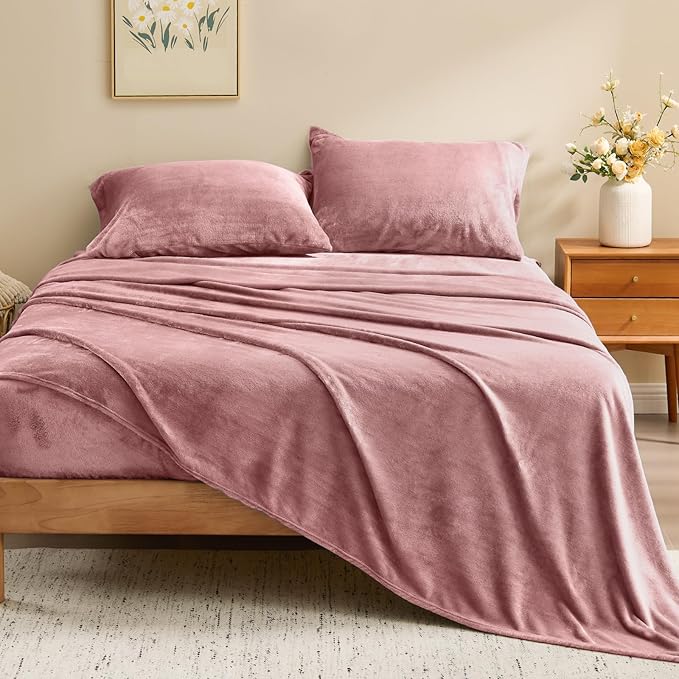 BEDELITE Flannel Sheets King Size Dusty Pink - Super Soft Fleece Sheets Set Fluffy Extra Plush, 4 Piece(Include Fitted Sheet, Flat Sheet, 2 Pillowcases)