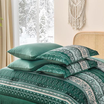 Cottolester Boho Comforter Set Queen Size,8 Pieces Teal Green Bohemian Striped Bed in a Bag,Paisley Soft Microfiber Bedding Comforter Set