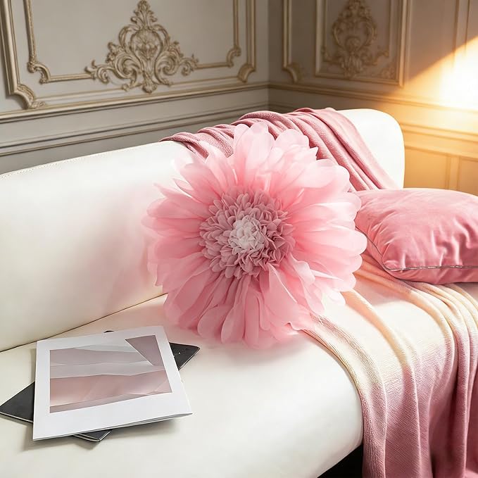 Handmade 3D Flower Round Throw Pillow Cute Decorative Daisy Accent Cushion Elegant Soft Floral Pillow with Insert for Couch Chair Car Bed Living Room Home Decor 14Inch Pink and White