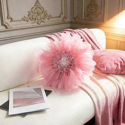 Pink Flower Pillow Cute Decorative Flower Round Shaped Throw Pillows Handmade 3D Daisy Floral Accent Pillow Soft Elegant Cushion for Bed Couch Sofa Chair Bedroom Living Room Home Decor 12Inch