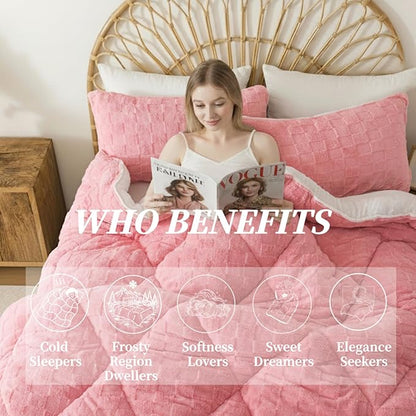 ELNIDO QUEEN® Fluffy Comforter Set King, Pink Winter Fleece Comforter Ultra Soft & Extra Pluffy Plush Comforter Set, Cozy Fuzzy Bed Comforter 3 Pieces (1Comforter, 2 Pillowcases),102x90 inch