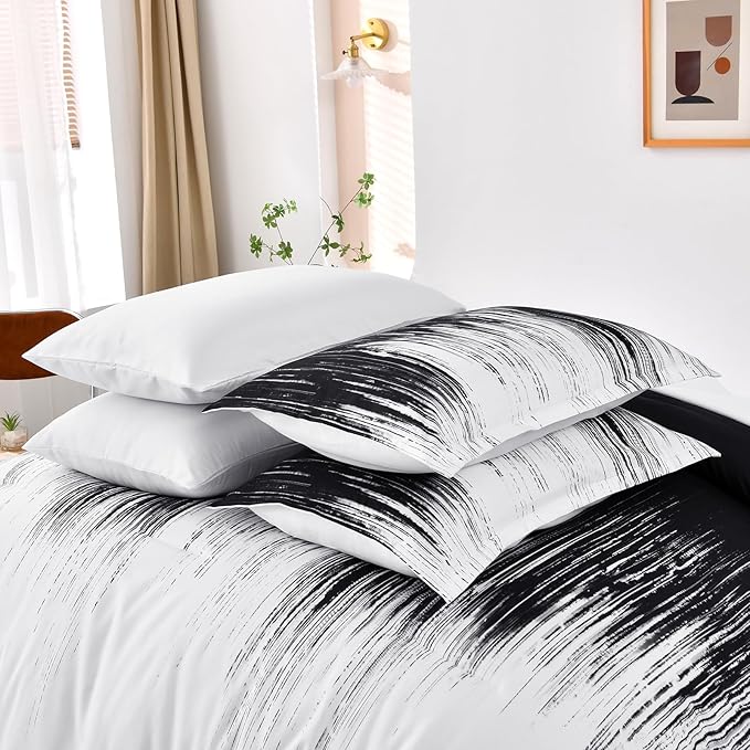 Dinjoy Ombre Black Comforter Set Full Size Gradient Black White Boho Bedding Set for Teen Men Women 7 Pieces Bed in A Bag Bohemian Bed Set with Comforter, Sheets, Pillowcases & Shams