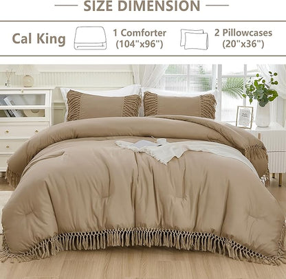 Andency Taupe Comforter Set California King, 3 Pieces Boho Tassel Lightweight Soft Bedding Comforter Sets for King Bed, All Season Fluffy Fringe Bed Set (104x96In Comforter & 2 Pillowcases)