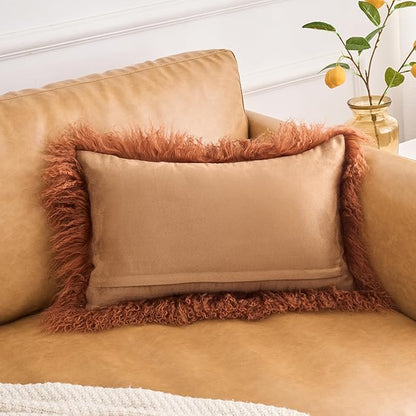 Genuine Mongolian Lamb Fur Pillow Cover – 12"x20" Rectangular Cushion Case – Soft Curly Wool Decorative Accent for Sofa, Bed, or Chair (Warm Terracotta)
