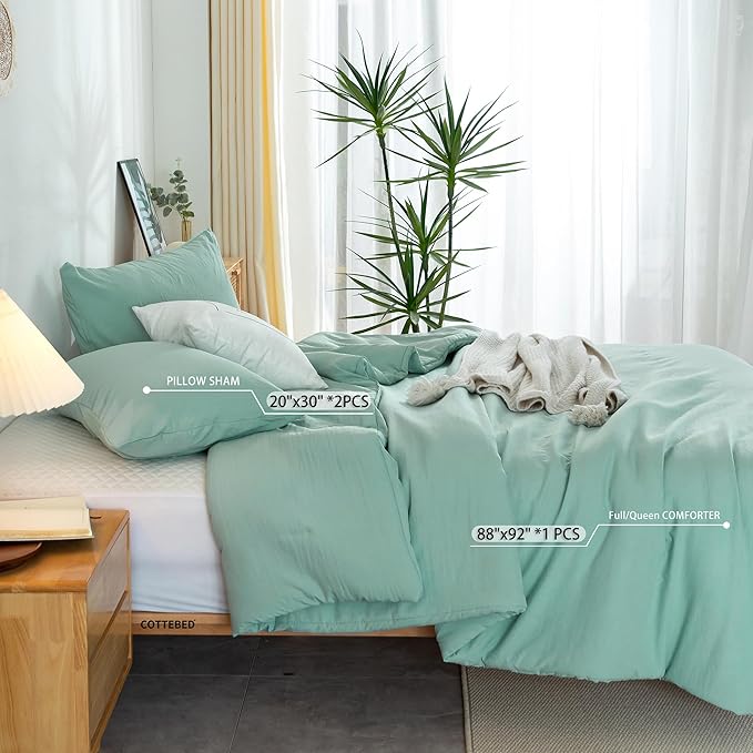 COTTEBED Ultra-Soft Sage Green Comforter Sets for Queen Bed - Light Weight All Season Solid Fluffy Washed Cotton Full Size Bedding Down Alternative Comforters Pillow Sham, Forest Sage Green Full/Queen