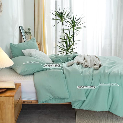 COTTEBED Ultra-Soft Sage Green Comforter Sets for Queen Bed - Light Weight All Season Solid Fluffy Washed Cotton Full Size Bedding Down Alternative Comforters Pillow Sham, Forest Sage Green Full/Queen