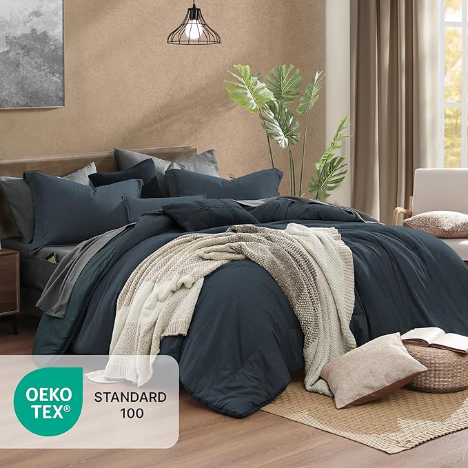 Monbix King Size Comforter Set, Navy Blue King Size Bed Set Reversible, King Comforter Set 7 Pieces, Cationic Dyeing Bed in a Bag with Comforter, Sheets, Pillowcases & Shams