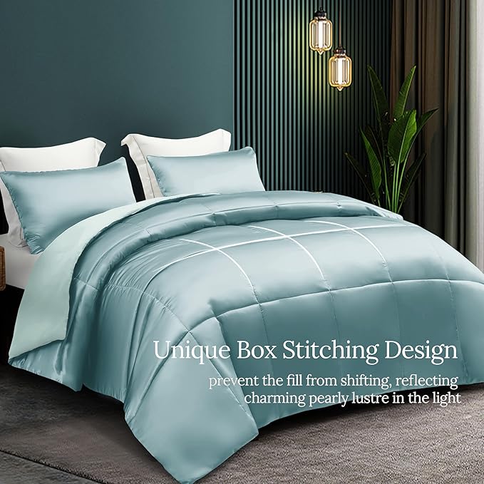Whale Flotilla 3-Piece Reversible Silky Soft Queen Comforter Bedding Set, Luxurious Satin Comforters Full Size with 2 Satin Pillowcases, Lightweight Duvet for All Seasons, Haze Blue