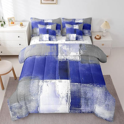 Erosebridal Navy Blue White Grey Bed in a Bag 7 Pieces Graffiti Bedding Comforter Sets with Flat Sheet and Fitted Sheet, Watercolor King Bedding Sets with Pillowcases and Throw Pillow Covers