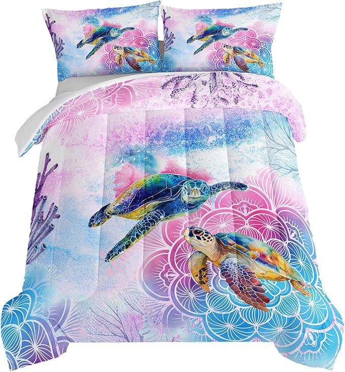 HOSIMA Sea Turtle Bedding,Coastal Beach Themed Comforter Full Size for Kids Teen Girls Boys Room Decor,Toddler Bedding Set, Mandala Turtle Comforter with 2 Pillowcases.