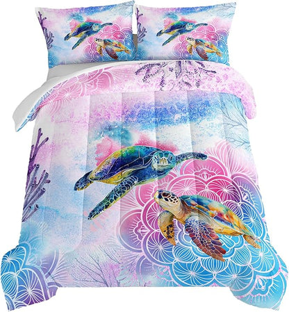 HOSIMA Sea Turtle Bedding,Coastal Beach Themed Twin Comforter for Kids Teen Girls Boys Room Decor, Toddler Bedding Set,Mandala Turtle Comforter with 2 Pillowcases.
