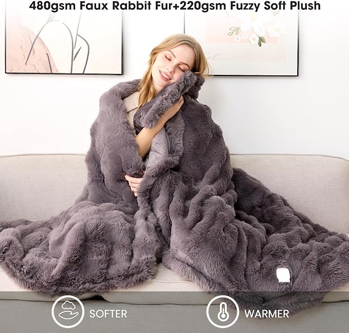 Heated Blanket Electric Throw - Soft Cozy Faux Fur Bubble Electric Blankets with 6 Time Settings, 8 Heating Levels, Fast Heating & Overheat Protection, Machine Washable (59" x 79", Gray)