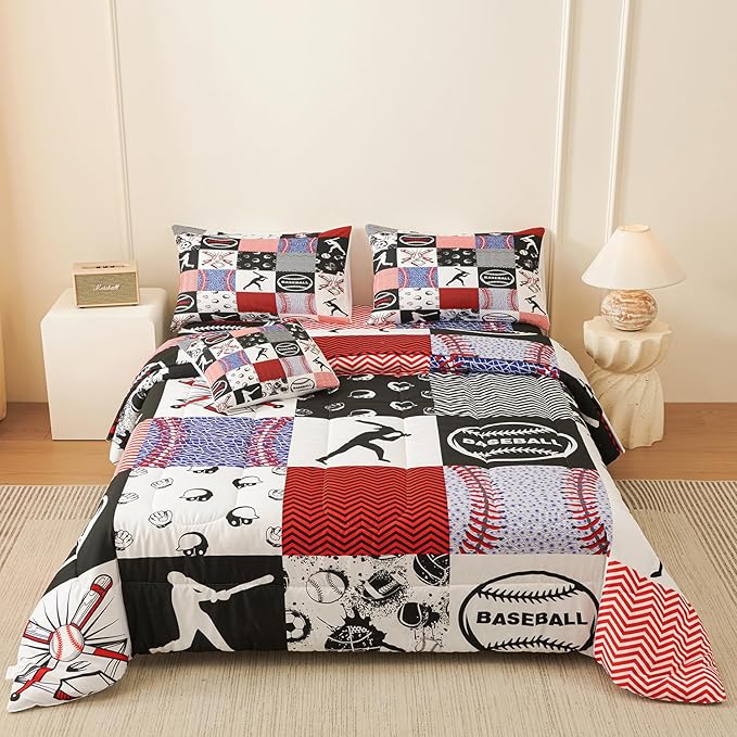 Namoxpa6 Pieces Baseball Comforter Sets,3D Sports Pattern,Decorative 6 Piece Bedding Sets with Comforter,Flat Sheet,Fitted Sheet,Throw Pillow Cover,Pillow Shams,Queen Size