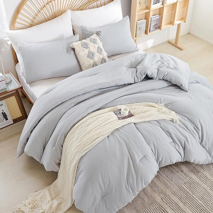 weigelia Light Grey Comforter Set King Size - 3 Pieces Lightweight Grey Solid Bedding Set - All Season Fluffy Microfiber Bed Set (1 Comforter, 2 Pillowcases)