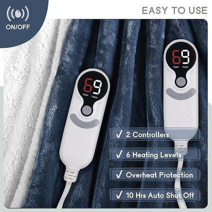 Heated Blanket Electric Blanket Queen Size 84''x90'' with 9 Heating Levels, 1-10 Hour Auto Shut Off, Machine Washable, Dual Controller Soft Warming Blanket for Couch, Bed, Office - Navy