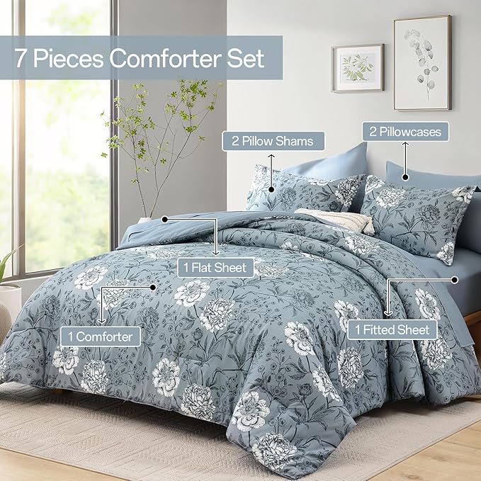 Yiran King Size Comforter Set 7 Piece Bed in a Bag Blue Floral Botanical Soft Microfiber Bedding Set Comforter for All Season Bed Set 104"×90"