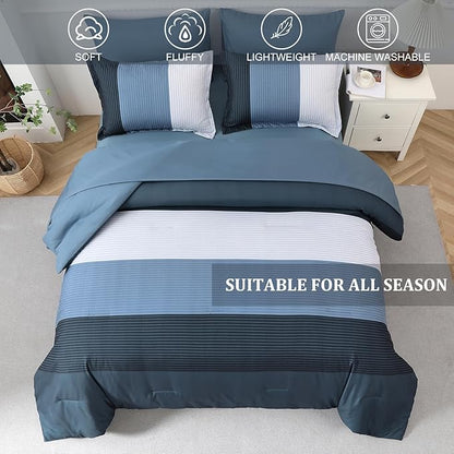 Anibedding Navy Blue Queen Bed in a Bag Comforter Set 7 Pieces Navy Striped Patchwork Bedding Set for Queen Bed, Soft Microfiber Reversible Down Alternative Complete Comforter with Sheet Set