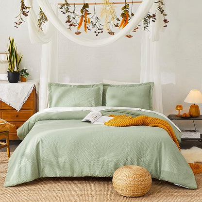 Geniospin Queen Comforter Set - 7 Pieces Botanical Textured Sage Green Bedding Sets, Boho Shabby Chic Comforter Set, All Season Lightweight Bed in a Bag with Comforter, Sheets, Pillowcases & Shams