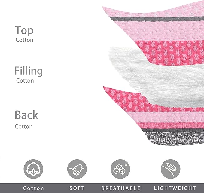 Homzard Quilts Queen Size, Cotton Comforter Set, Hot Pink Grey Queen Bed Set, Lightweight Striped Bedding, Farmhouse Bedspread All Season 3 Pieces