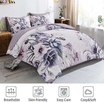 Drucon Floral Comforter Set Queen Size 3 Piece Purple Floral Bed in a Bag, Soft Microfiber Bedding Set for All Season (Purple, 90"x90")