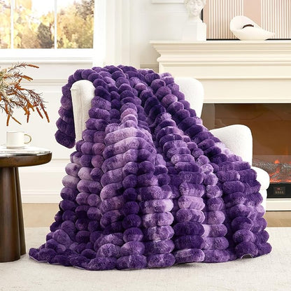 Cozy Bliss Faux Fur Throw Blanket for Couch, Cozy Warm Plush Striped Blanket for Sofa Bedroom Living Room, 60 * 80 Inches Tie-dye Purple