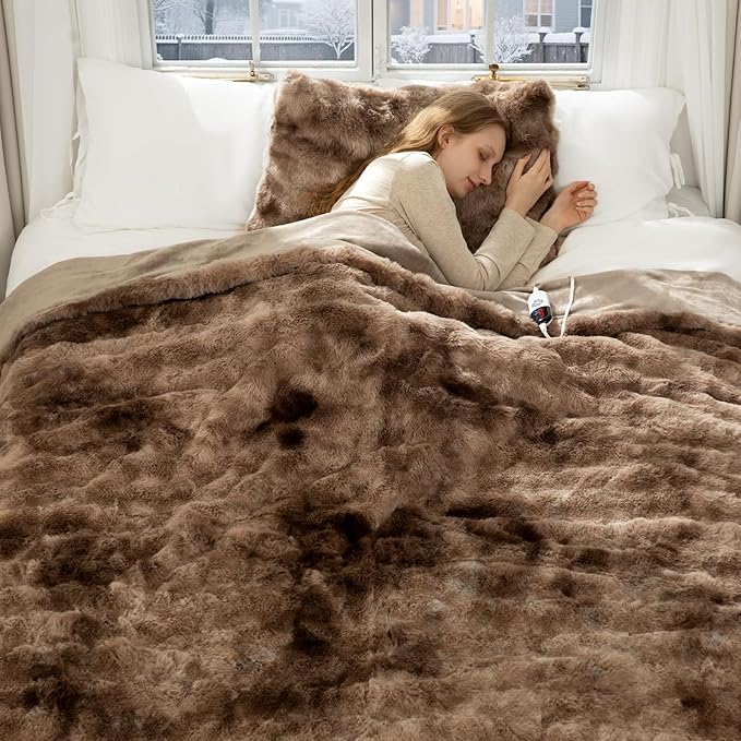 Faux Fur Full Size Heated Blanket 72"X84" - Bubble Faux Fur Electric Blanket Fluffy Soft Fuzzy with 6 Fast Heating Levels & 10 hrs Timer Settings, Washable & ETL Certified for Bed, Tie-Dye Brown