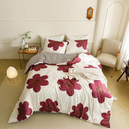 CLOTHKNOW Burgundy Floral King Size Comforter Set Sunflower Bedding Comforter Sets Soft Brown Plaid Comforter with 2 x Pillow Cases