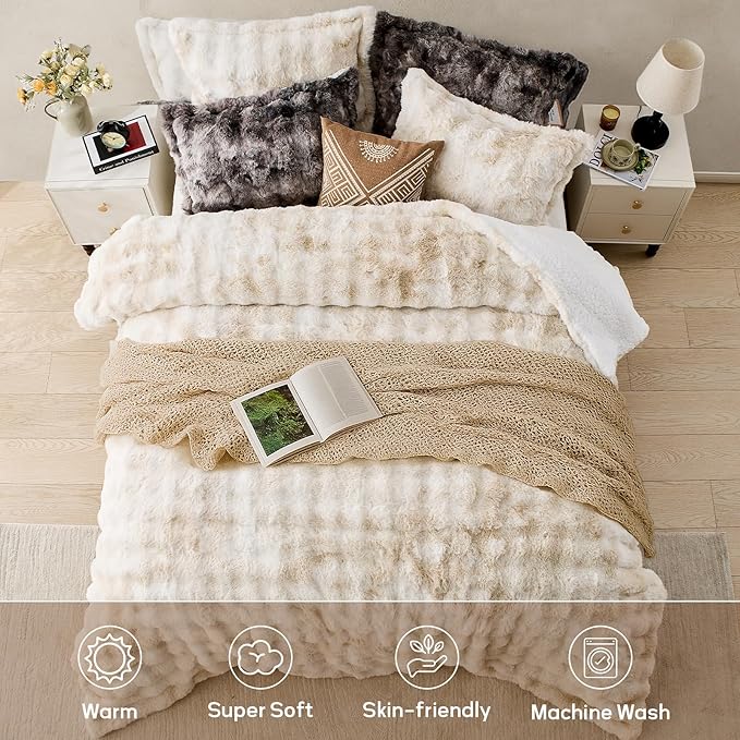 DAICO 3 Pieces Fluffy Faux Rabbit Fur Comforter Set Queen Size Tie Dyed Brown Plush Fuzzy Bubble Comforter Bedding Set Warm Cozy Bedding Comforter Sets for Winter, 1 Comforter and 2 Pillowcases