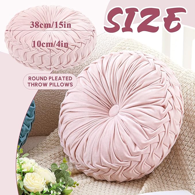 1 Pcs Round Throw Pillows Decorative Velvet Pleated Throw Pillows 15'' Diameter Accent Pumpkin Boho Chair Cushion for Couch Sofa Chair Bed Home Decoration (Pink)