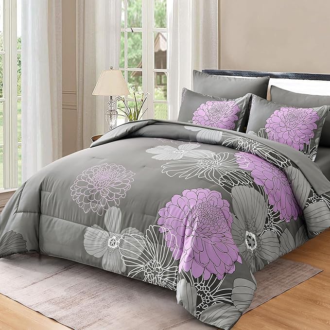 Yiran Full Comforter Set -7 Pieces Purple Grey Floral Comforter Set for All Seasons,Bed in a Bag Full Flowers Comforter with Flat Sheet Fitted Sheet Pillowshams Pillowcases