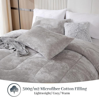 YIYEA Fluffy Queen Size Comforter Set, Luxury Faux Fur Comforter, Ultra Soft Plush Fuzzy Velvet Bedding Comforter Sets for Fall Winter, Cozy Warmth, No Shedding, 3PC, Queen, Light Grey