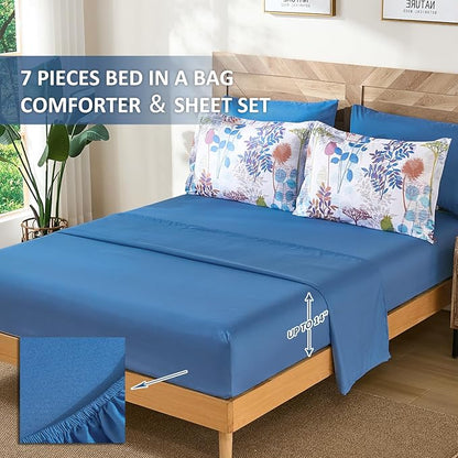 Anibedding 7Pieces Queen Comforter Set, Blue Botanical Bed in a Bag Complete Set with Sheet Pillowcase for Bedroom All Season
