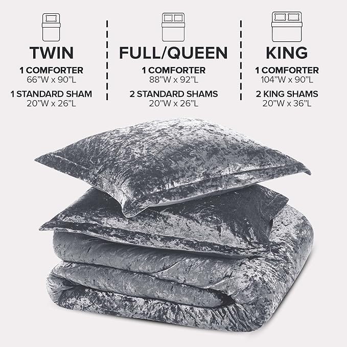 Comfort Spaces Juliette Luxe Comforter Set Velvet Lush with Soft Brushed Microfiber Reverse, All Season Cozy Velvet Bedding Sets, Fluffy Comforter Bed Set, Matching Sham, Grey King 3 Piece