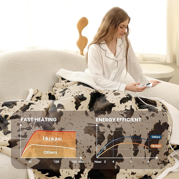 Cow Print Heated Blanket Full-Heating Electric Blanket Full with 10 Heat Levels & 10 Hours Auto-Off, Cozy Soft Fleece Sherpa, Washable, 72 x 84 Inche Cow Print Light Brown