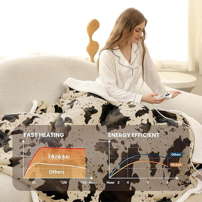 Cow Print Heated Blanket Full-Heating Electric Blanket Full with 10 Heat Levels & 10 Hours Auto-Off, Cozy Soft Fleece Sherpa, Washable, 72 x 84 Inche Cow Print Light Brown