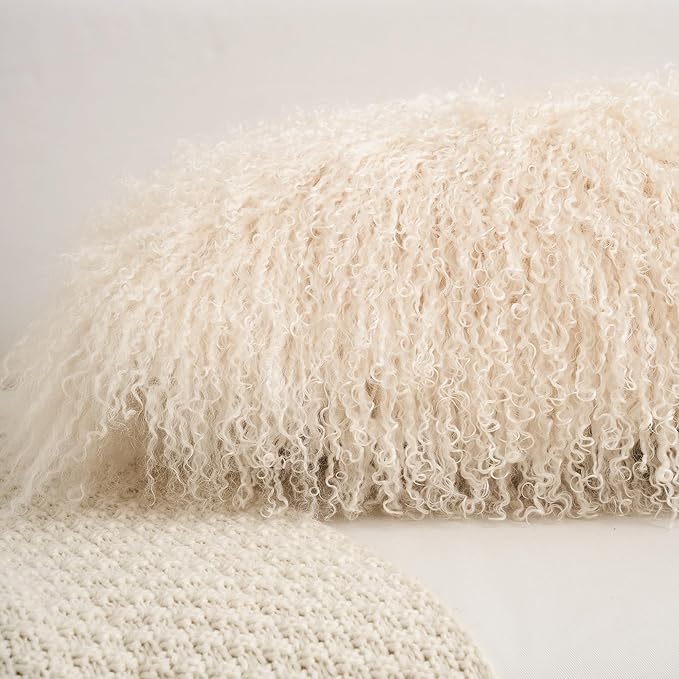 Genuine Mongolian Lamb Fur Pillow Cover – 12"x20" Rectangular Cushion Case – Soft Curly Wool Decorative Accent for Sofa, Bed, or Chair (Beige)