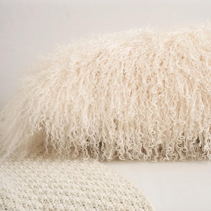 Genuine Mongolian Lamb Fur Pillow Cover – 12"x20" Rectangular Cushion Case – Soft Curly Wool Decorative Accent for Sofa, Bed, or Chair (Beige)
