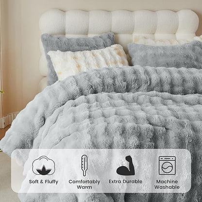 Simple&Opulence Fluffy Faux Fur Comforter Set, Plush Fuzzy Minky Bedding Set 3 Pieces Warm Soft Comforter Bedding Set for Winter - 1 Shaggy Comforter with 2 Pillow Shams (King, Light Grey)