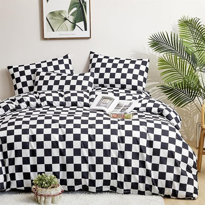 KAREVER Black White Grid Comforter Queen Black Plaid Bedding Set Women Black and White Checkered Bed Comforter Set Breathable Blanket Set Men Durable Bedding Comforter Set