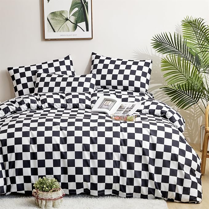 Pureant Black White Plaid Comforter Set California King Black Checkerboard Grid Bedding Comforter Black and White Grid Quilts Cal King Soft Black Buffalo Grid Comforter Checkered Geomertic Bed
