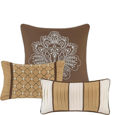 Madison Park Bellagio Cozy Comforter Set - Luxurious Jaquard Traditional Damask Design, All Season Down Alternative Bedding with Matching Shams, Decorative Pillow, King(104"x92"), Brown/Gold 7 Piece