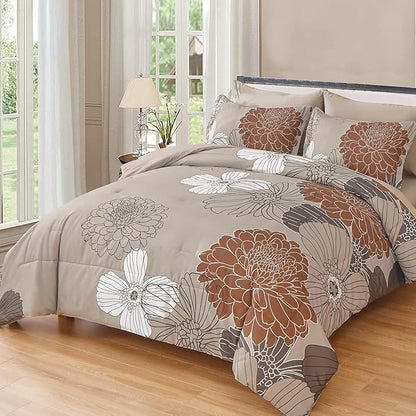 Yiran Taupe Brown Comforter Set Queen Size,7 Pieces Bed in a Bag Floral Comforter,Soft Microfiber Bedding Sets for All Seasons,90"×90"
