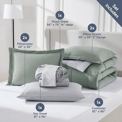 Nestl 7 Piece Full Comforter Set – Sage Green Reversible Bed in a Bag – Complete Full Size Bedding Set with Sheets, Pillowcases and Shams