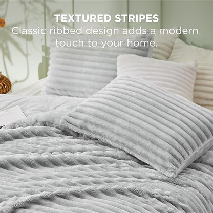 Bedsure King Size Comforter Set - GentleSoft™ 3 Pieces Fluffy Double-Side Fleece Comforter Set, Cozy Striped Room Decor Aesthetic, Luxury Light Grey King Bedding with 2 Pillowcases, 104x90 Inches