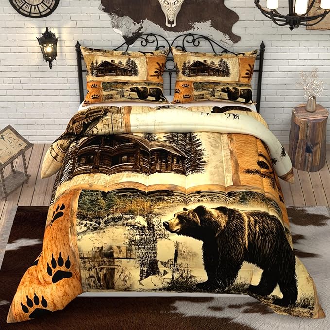Rustic Bear Comforter Sets for Kids Adults,3D Pattern Cabin Theme,Decorative Bedding Comforter Sets with 2 Pillow Shams, Twin Size