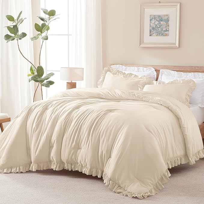 Andency Oversized King Comforter Set 128x120, 3 Pieces Beige Ruffle Shabby Chic Famhouse Bedding Set for Women, Lightweight Fluffy Super King Plus Bed Set for Girls