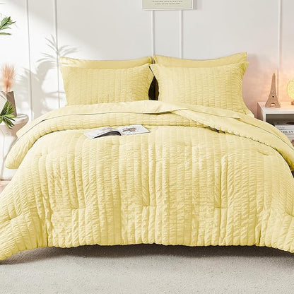 HYMOKEGE Yellow Twin XL Comforter Set Seersucker 5 Pieces, All Season Luxury Bed in a Bag for Bedroom, Bedding Set with Comforter, Sheets, Pillowcase & Sham