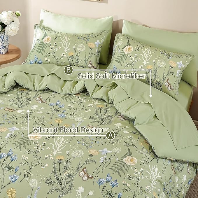 Yiran Sage Green Floral Comforter Set Queen Size, 7 Piece Botanical Comforter Bedding Set, Farmhouse Bed in a Bag, Soft Microfiber Complete Bedding Set with Sheets for All Season