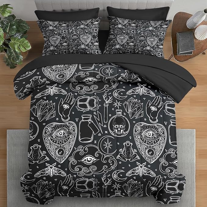 Comforter Set Queen Size, Medieval Retro Halloween 7 Pcs Bedding for Kids and Adults, Gothic Vintage Bed Sheet Sets with Fitted Sheet 2 Pillowcases & 2 Shams for Bedroom Bed Decor
